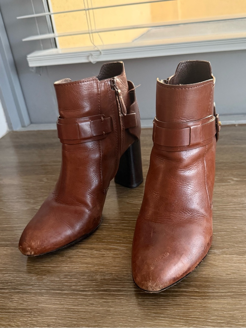 Tory Burch Chestnut Leather Ankle Booties with Buckle